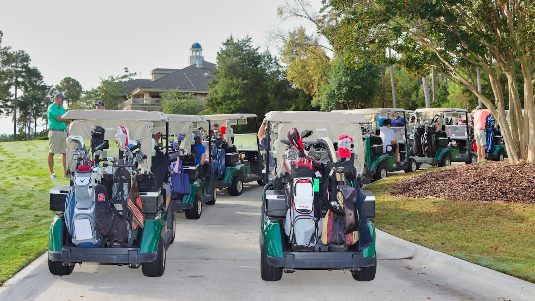 people riding on blue and white golf cart during daytime